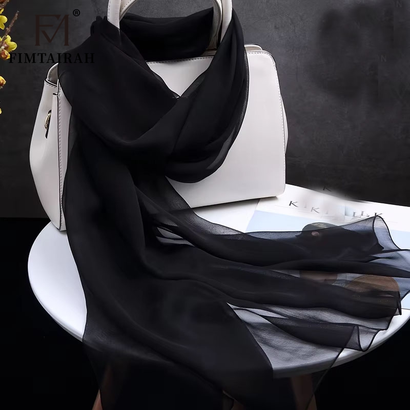 Fimchlorin-Foulard en mousseline de soie pour femme, couleur noire, 100% véritable, fine, solide