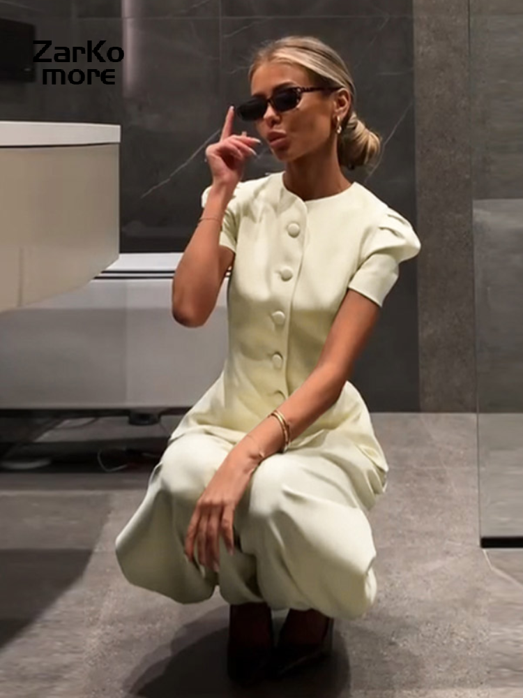 Ensemble décontracté pour femme : haut boutonné à col rond et manches courtes lanternes, pantalon long à cheville ajustée – Collection Été 2026