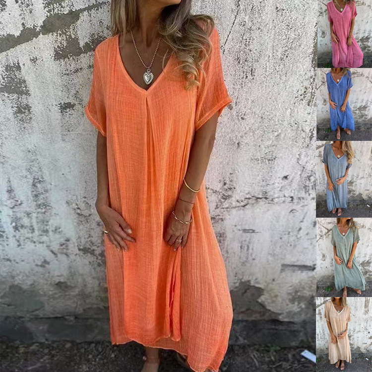 Robes pour femmes 2026 Nouvelle collection été-printemps-automne en coton et lin, col en V, couleur unie, longue robe, vêtements pour femmes, vestidos