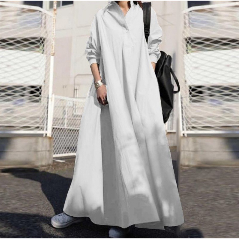 Autumn Spring Women Loose Long Sleeve Dress Cotton Linen Retro Ethnic Big Swing Muslim Abaya Elegant Eid Kaftan Plus Size S-5XL