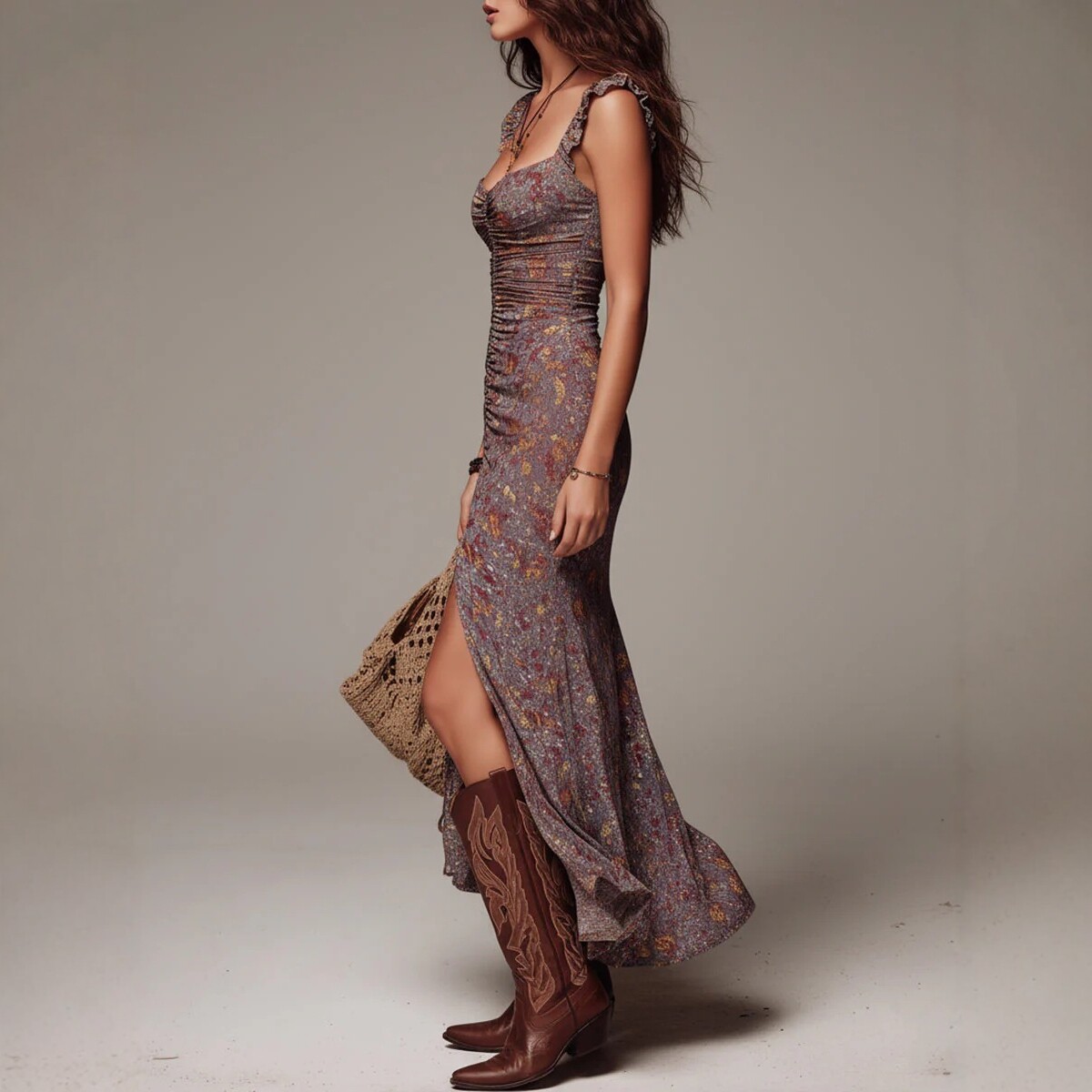 Robe longue bohème à imprimé floral avec ceinture et fente haute pour femme, collection Printemps-Été, coupe ajustée