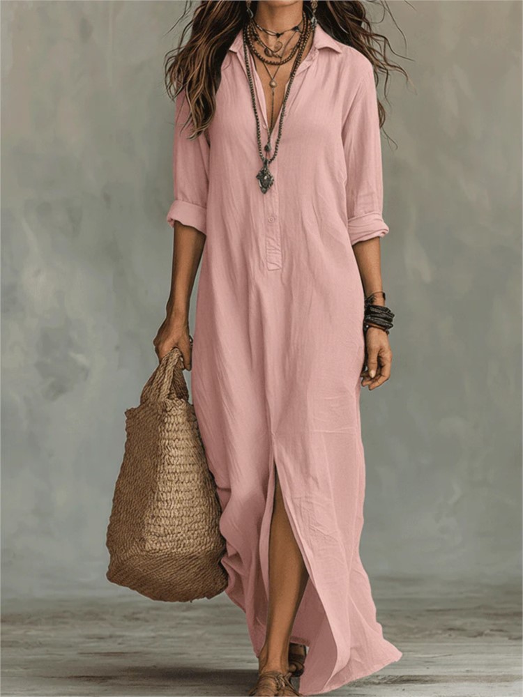 Robe longue décontractée blanche pour femme, style bohème d'été, col rabattu, boutons, manches longues, fendue, idéale pour la plage et les vacances