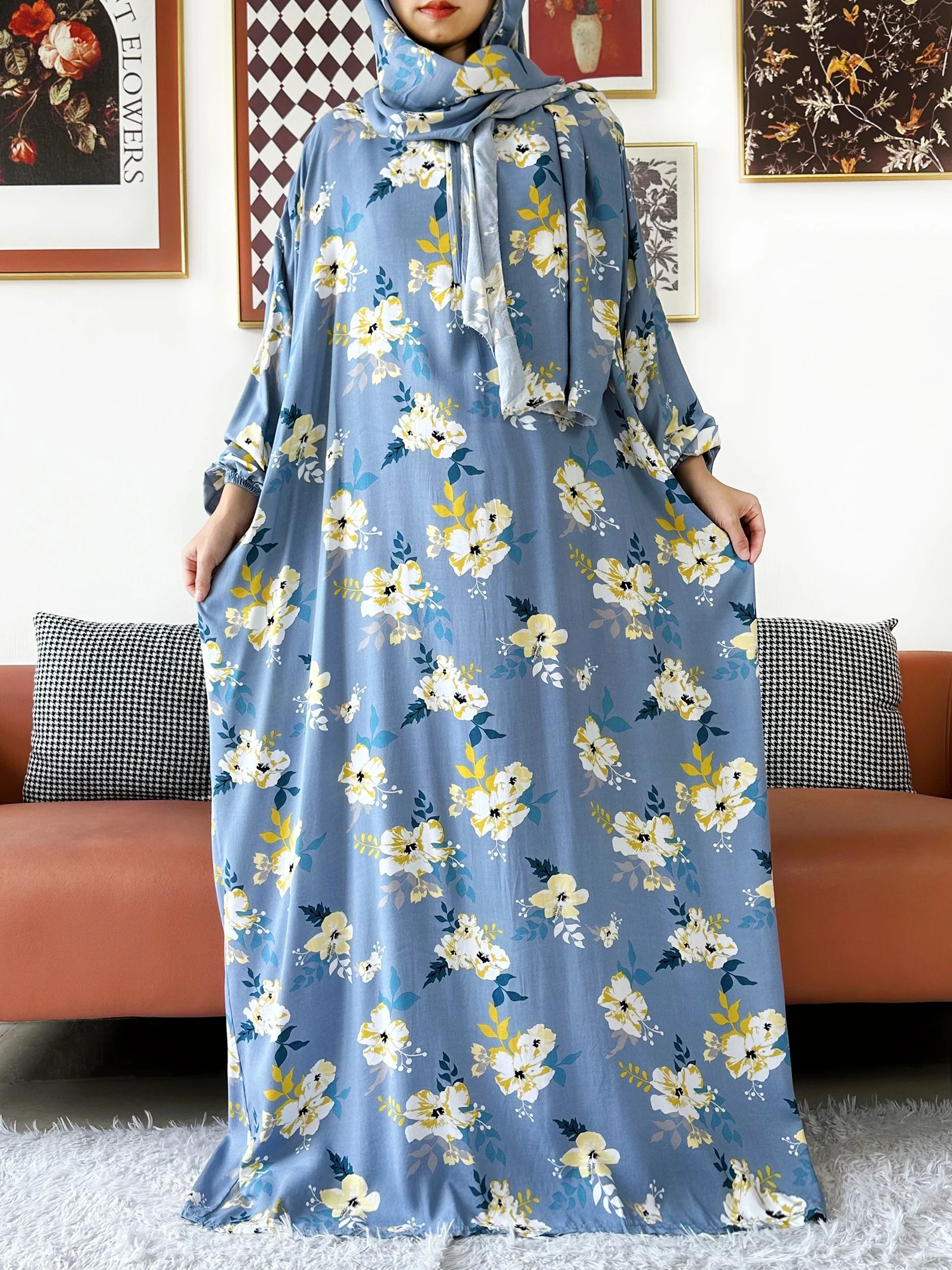 Abaya – Abaya en coton à fleurs musulmanes 6XL, vêtement de prière pour Ramadan, dubaï, turquie, moyen-orient, Robe africaine ample, Turban Joint