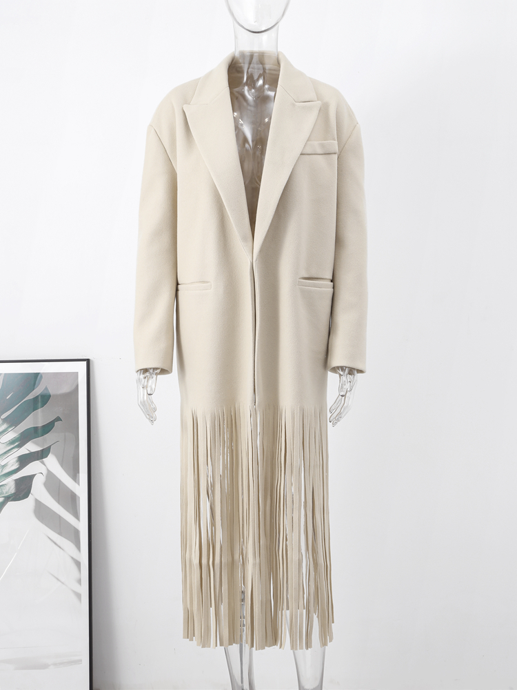 Manteau en laine à franges élégant pour femme, col rabattu, manches longues, poches, veste d'automne, mode Streetwear, Trench-coat, 2023
