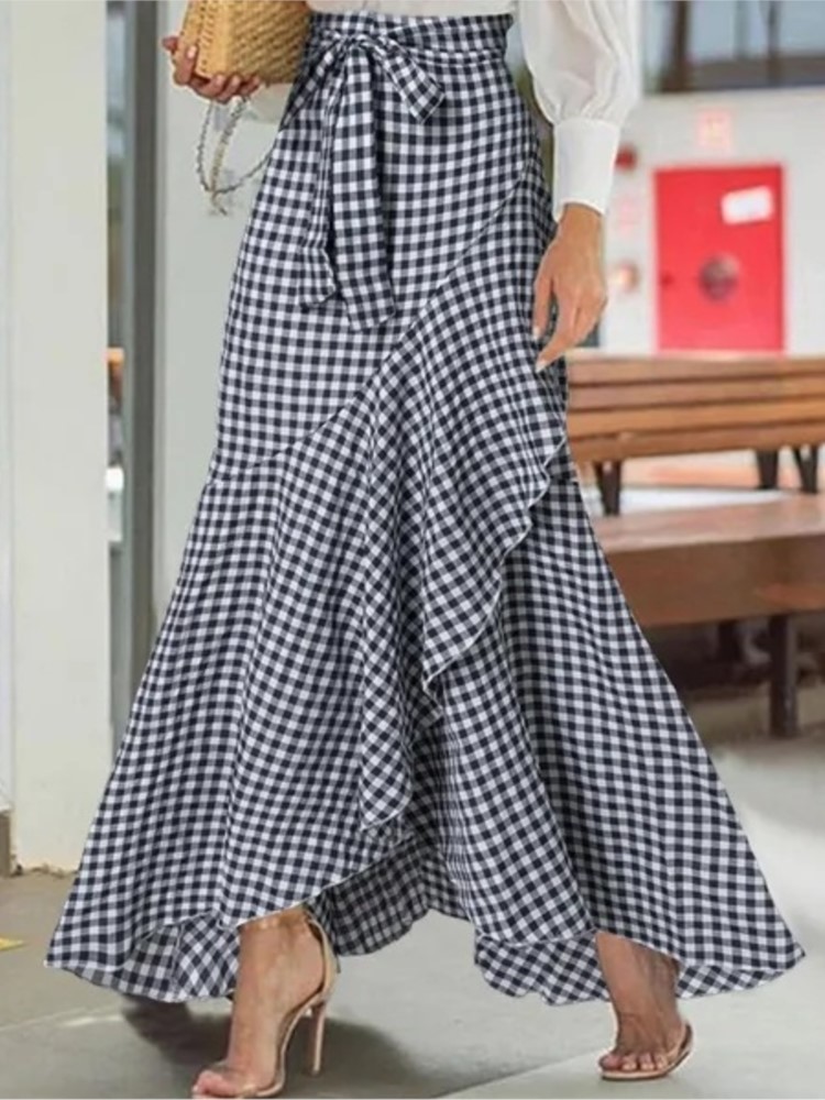 Jupe longue ample rétro pour femme, taille haute, à lacets, avec volants, imprimé écossais, nœud papillon, ourlet irrégulier, jupe sirène maxi pour femme