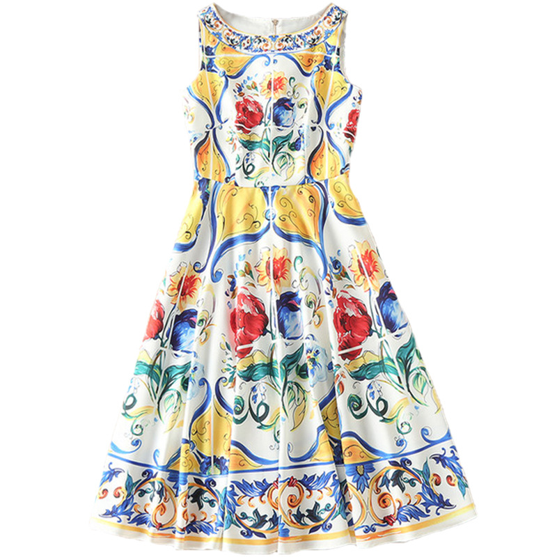 Robe mi-longue de luxe pour femmes, imprimé Floral multicolore, pour les vacances à la plage, élégante, sans manches, ligne a, 2025