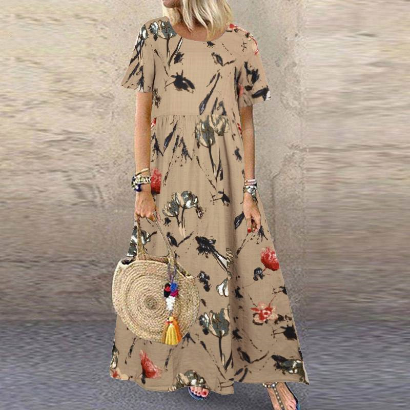 Robe d'été pour femmes à manches courtes, imprimé floral, bohème, élégante, décontractée, ample, longue, pour les vacances
