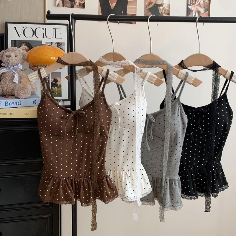 Hauts pour femmes, mode estivale décontractée, à pois et couleur unie, style jeune et élégant, coupe ajustée et amincissante
