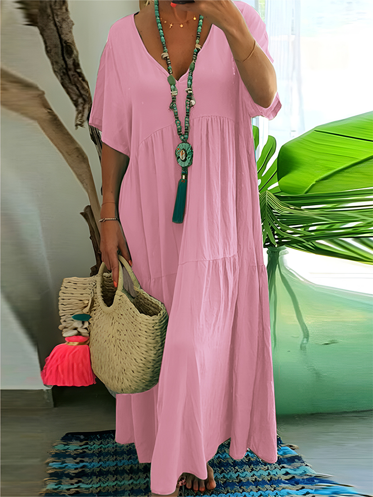 Robe longue décontractée pour femmes grandes tailles, coupe ample, col en V, couleur unie ; Robe plissée pour femmes grandes tailles printemps/été