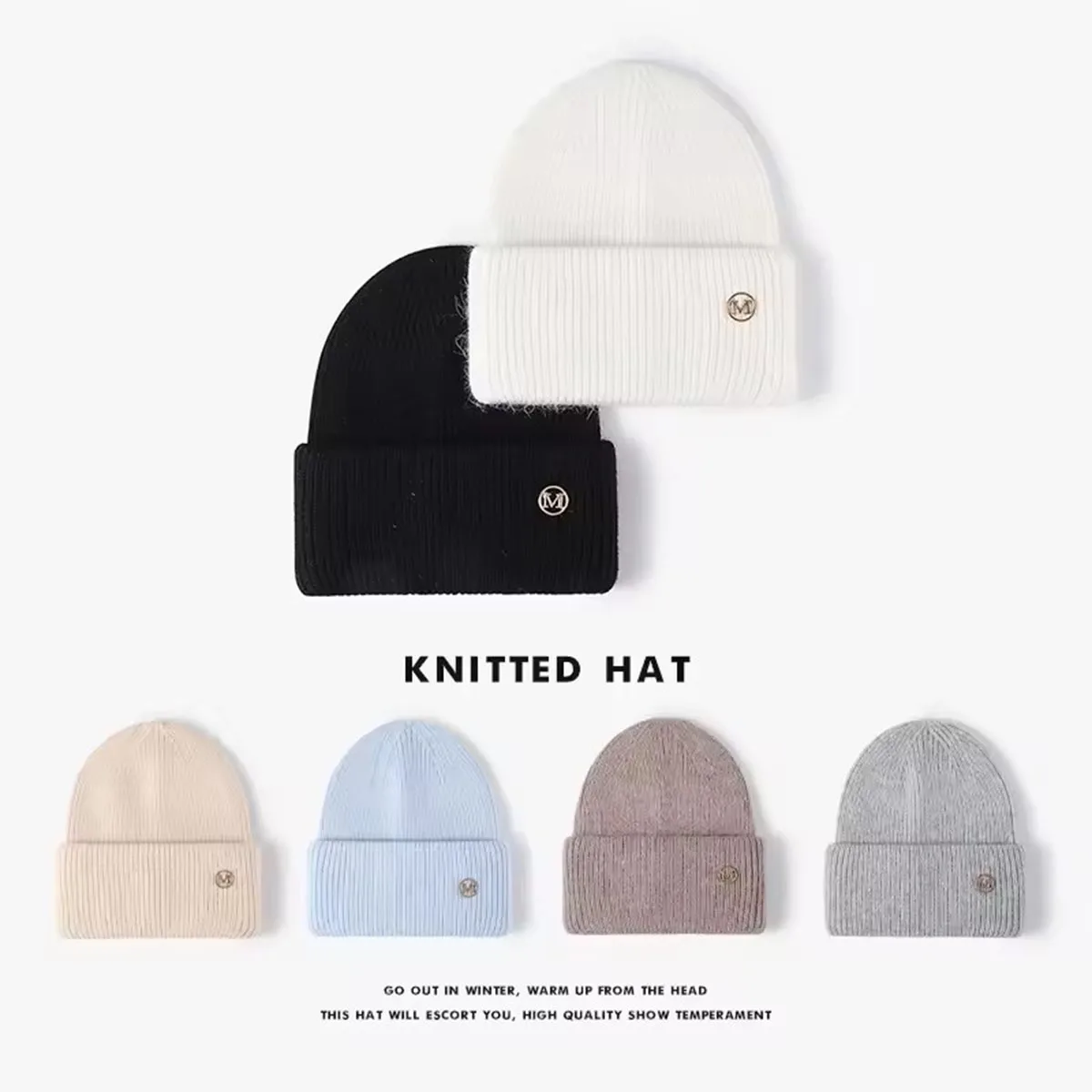 Chapeaux d'hiver pour femmes, bonnet en tricot doux, fourrure de lapin chaude, mignon, couleur unie, casquette ample, décontracté, mode extérieure, solide, couverture de tête pour adulte