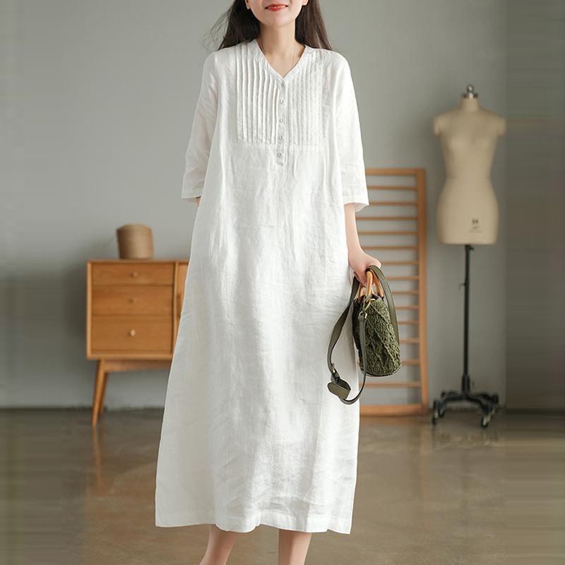 Robe longue en coton et lin pour femmes, style vintage, col en v, couleur unie, nouvelle collection été 2024, B3334