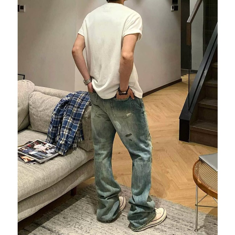 Jean pour homme vintage déchiré et délavé, coupe droite, broderie, style bootcut, bleu