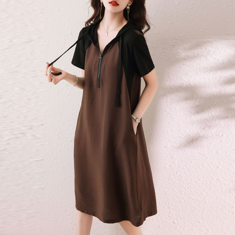 Mode à capuche épissé poches amples robes décontractées vêtements pour femmes 2025 été nouvelle surdimensionné à manches courtes trajet robe mi-longue