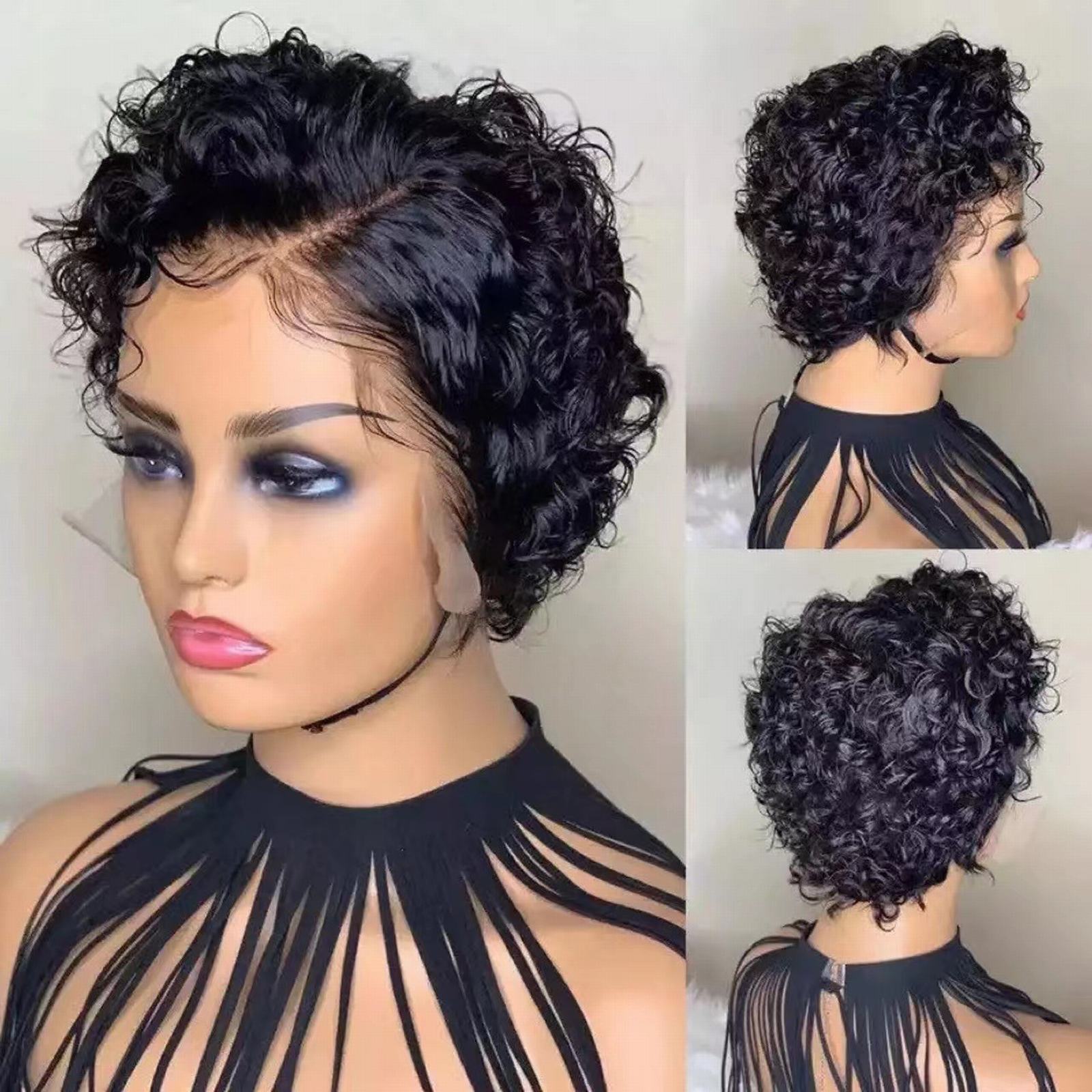 Perruque cheveux humains femme perruque moyen noir petits cheveux bouclés couvre-tête courte femme perruque haute température soie Photo décoration