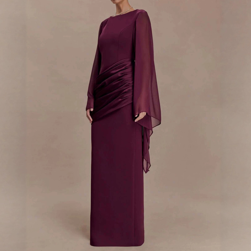 Robe de soirée décontractée à manches évasées et drapées pour femme, robe de mariée moulante unie à la taille, robe de soirée élégante à col rond pour occasions formelles et fêtes