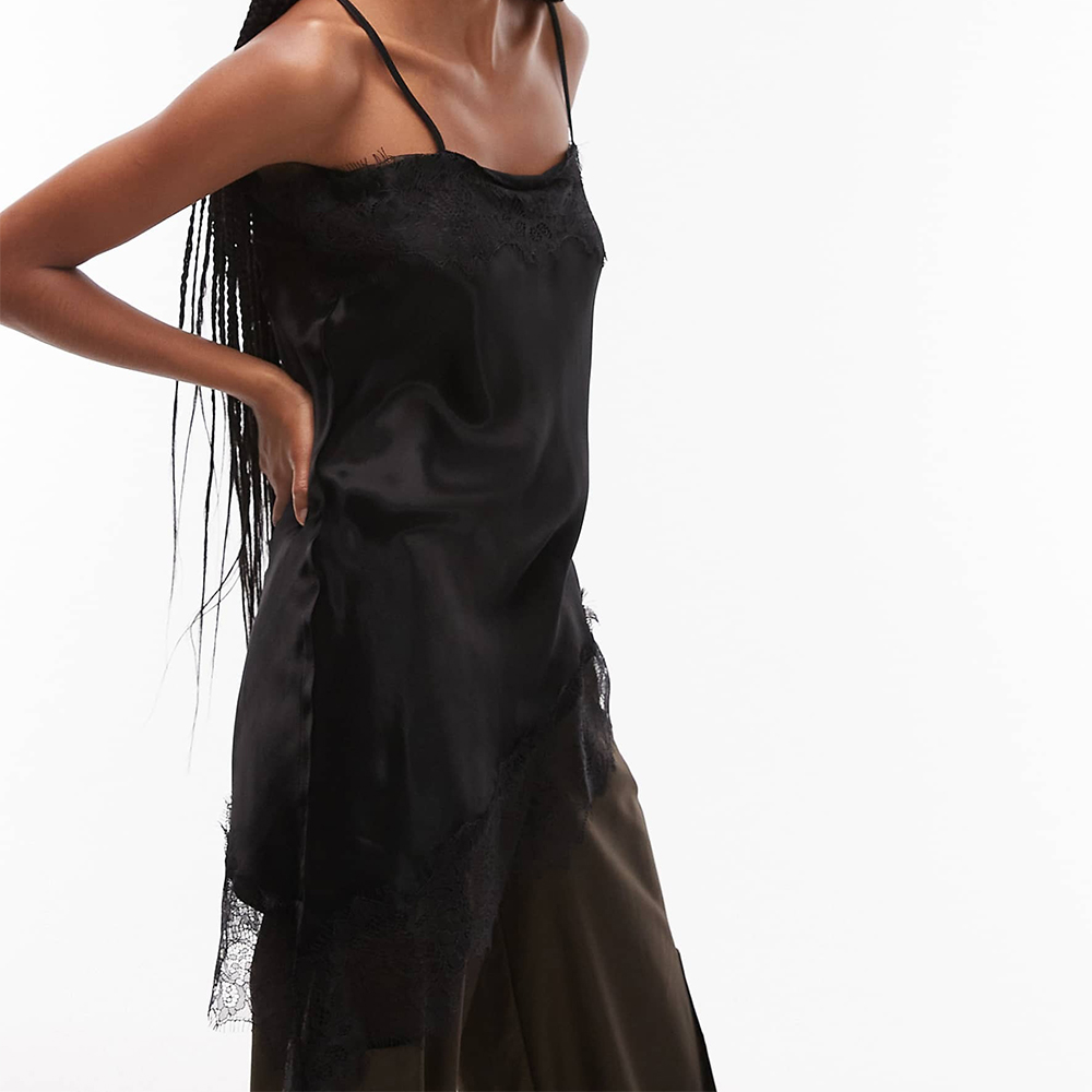 Débardeur asymétrique en Satin et dentelle pour femmes, Vintage, sans manches, dos nu, bretelles Spaghetti, style Boho, plage, vacances, été