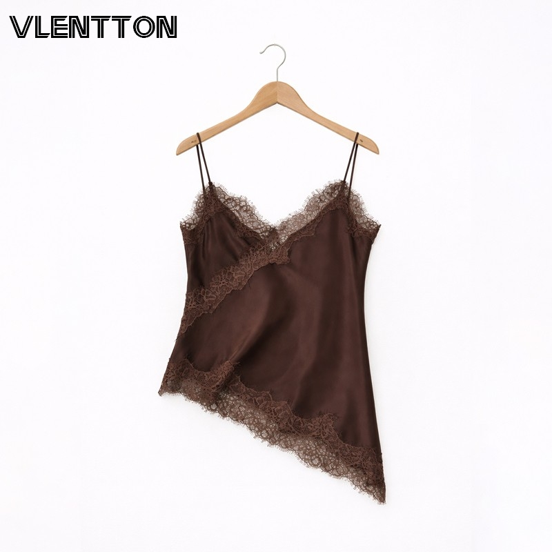 Camisole en satin et dentelle pour femme, bretelles spaghetti, ourlet asymétrique, débardeur sexy et élégant de haute qualité, haut sans manches d'été