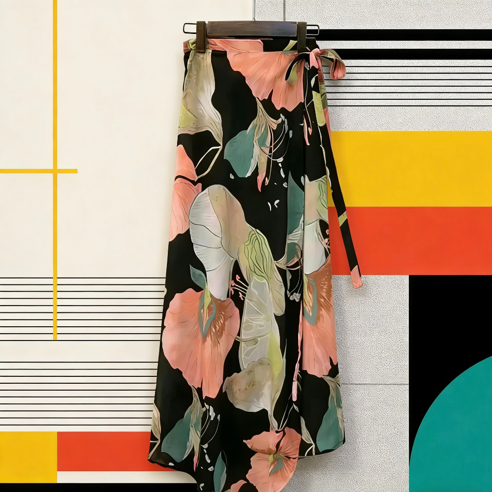 Jupe mi-longue florale taille haute pour femmes, jupe portefeuille une pièce pour amincir, jupe portefeuille rétro pour les hanches, été plage