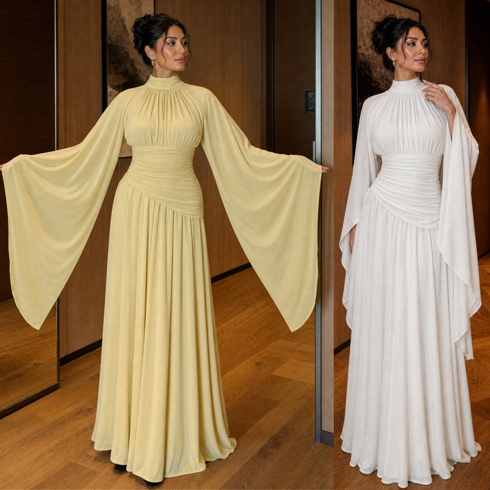 Robe de soirée pour gala, Eid, Islam, Nikkah, robe pour femmes musulmanes, Dubaï, robe arabe, détails froncés, manches raglan extra-longues et évasées