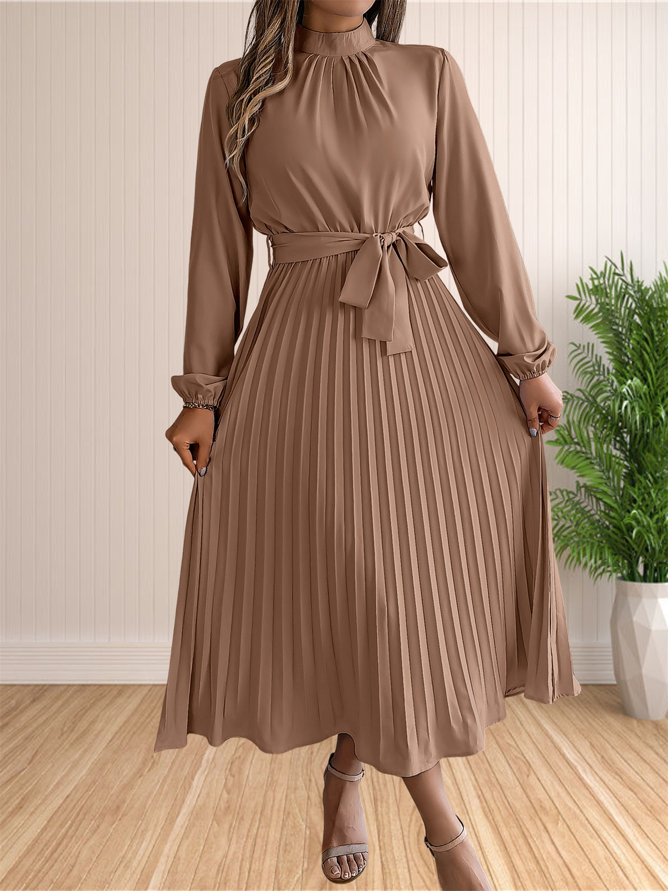 Robes longues d'été pour femmes, élégantes, plissées, manches longues, à lacets, style Boho, portefeuille, ourlet à volants, robe d'été