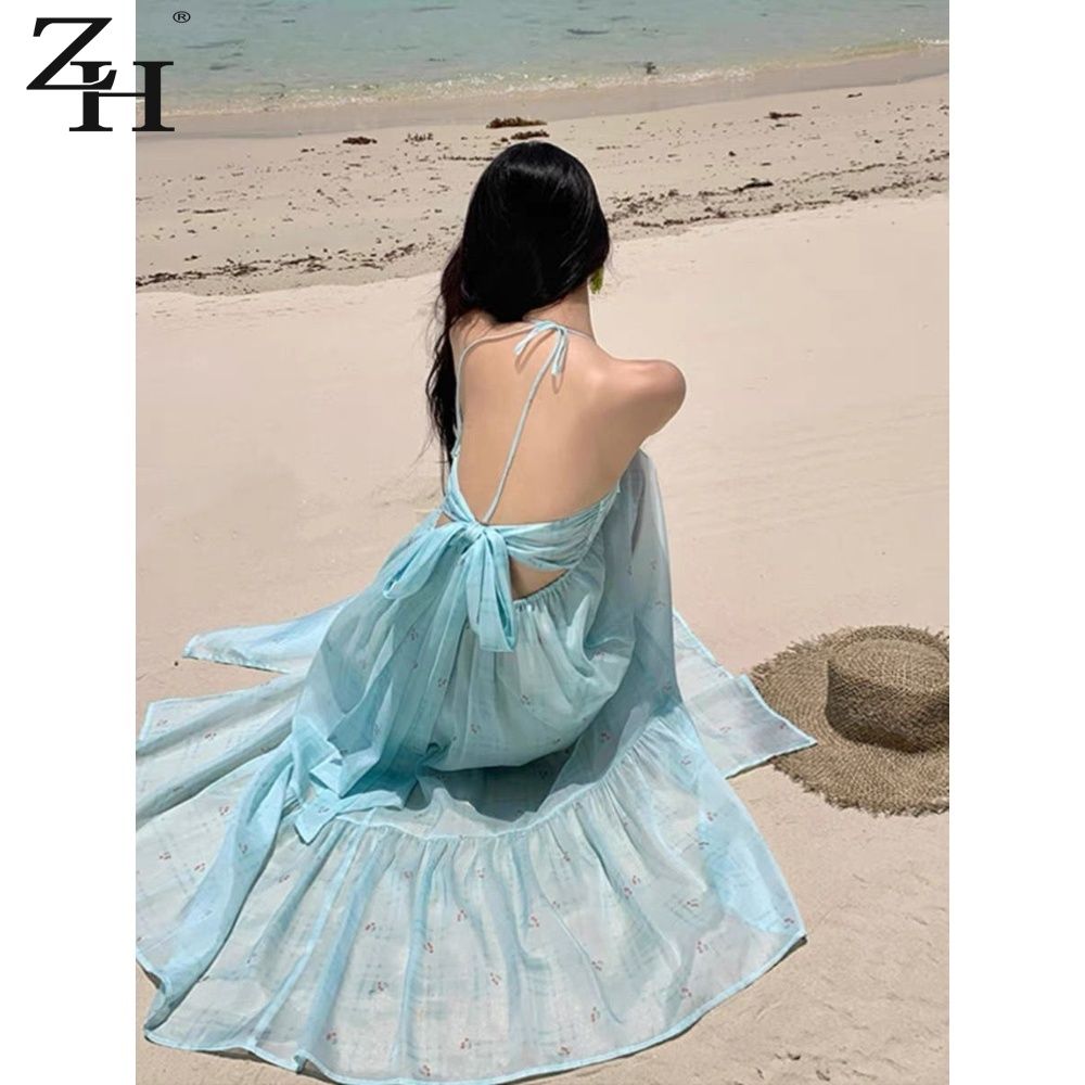 Robe de plage longue à bretelles françaises, style féerique, dos nu, avec nœud, fluide et à volants, idéale pour les vacances à la mer et les pauses thé.