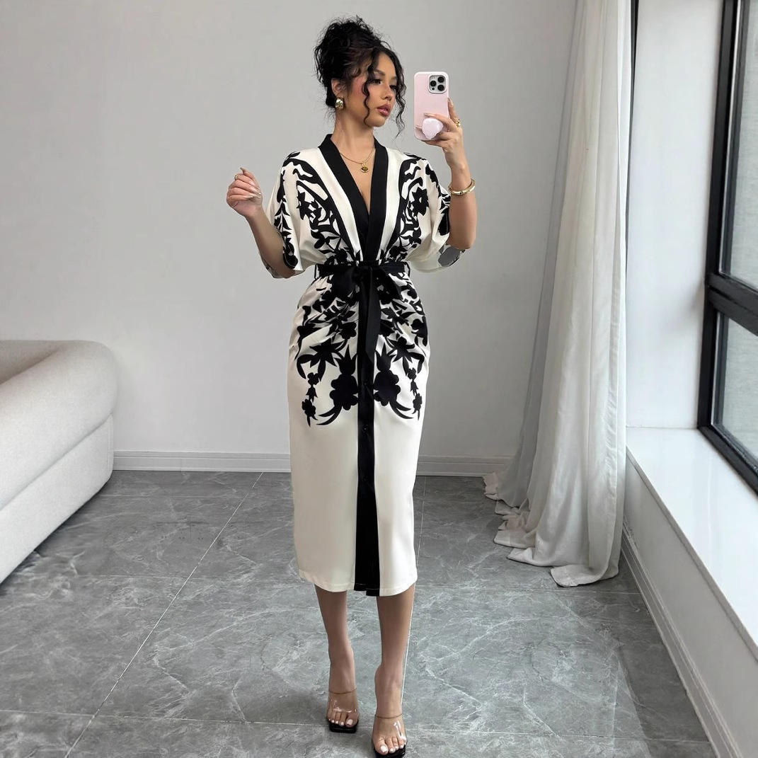 Nouvelle Robe Midi Femme 2026 Imprimée Fleurs avec Taille Nouée pour Soirée et Cérémonie, Manches Mi-Longues, Col en V, Coupe Trapèze pour le Bureau