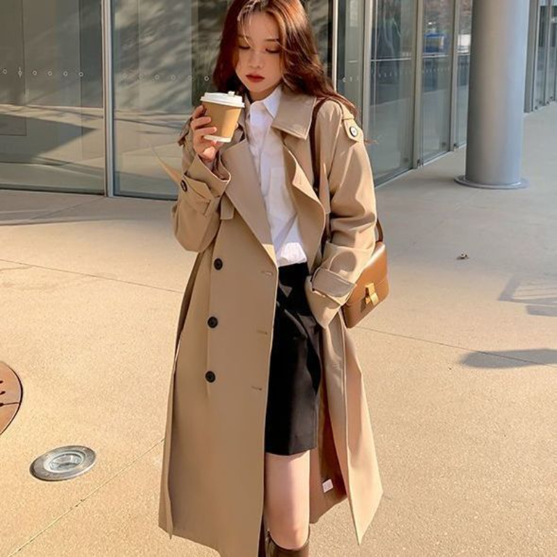 Nouvelle Trench-Coat Long Femme Automne 2026 – Style Coréen Décontracté et Élégant, Coupe Ample, Kaki et Noir, Veste Coupe-Vent pour Femme