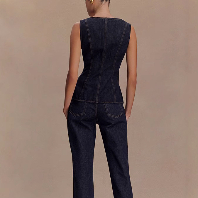 Été Denim pantalon ensembles femmes 2025 mode sans manches simple boutonnage gilet hauts et taille haute Baggy jean 2 pièces ensemble femme
