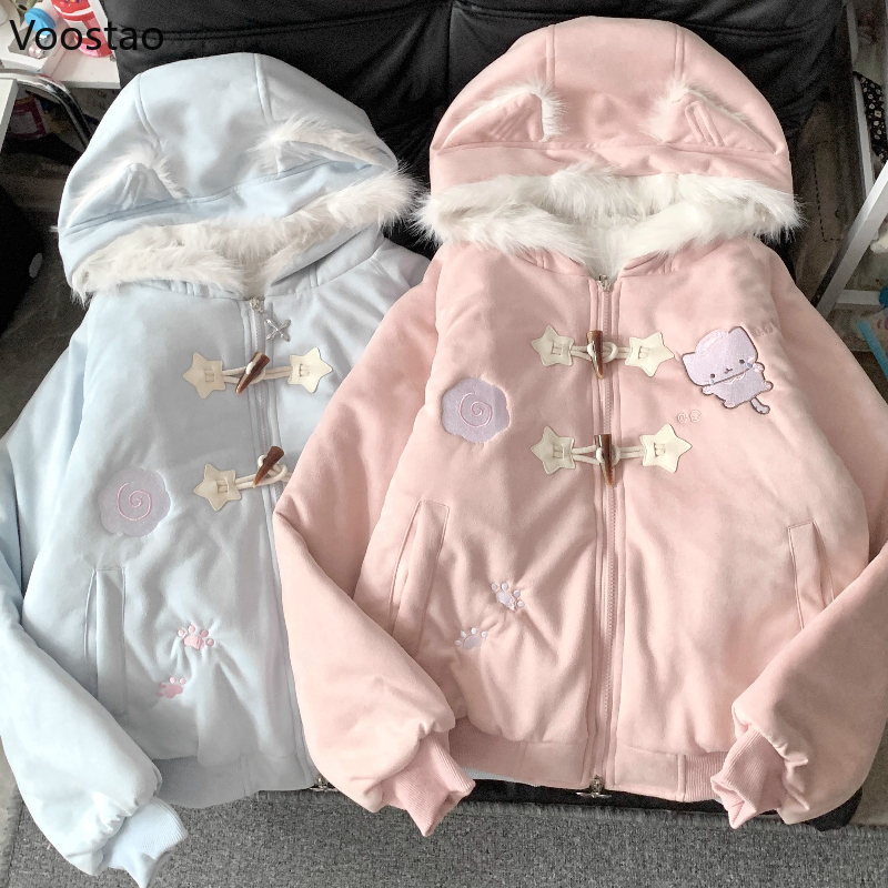 Parka japonaise Style Lolita pour femmes, manteau à capuche décontracté avec broderie de chat de dessin animé, veste chaude en peluche esthétique Y2k pour filles