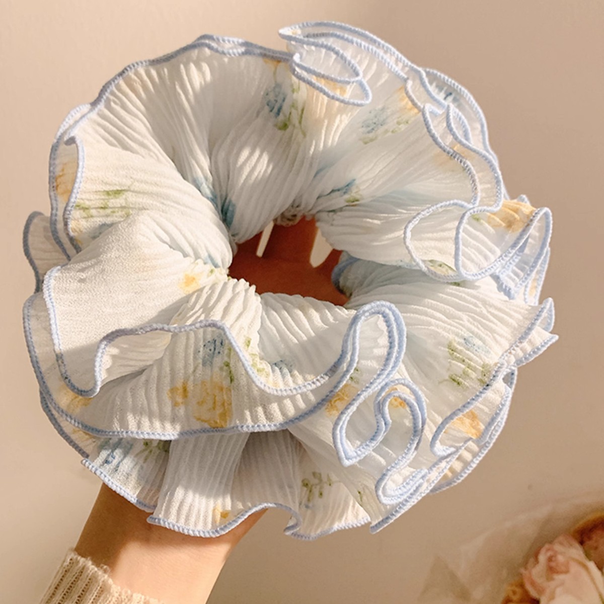 Grands chouchous élégants bleus à motifs floraux pour femmes, élastiques, accessoires de mode pour cheveux, coiffes stylées