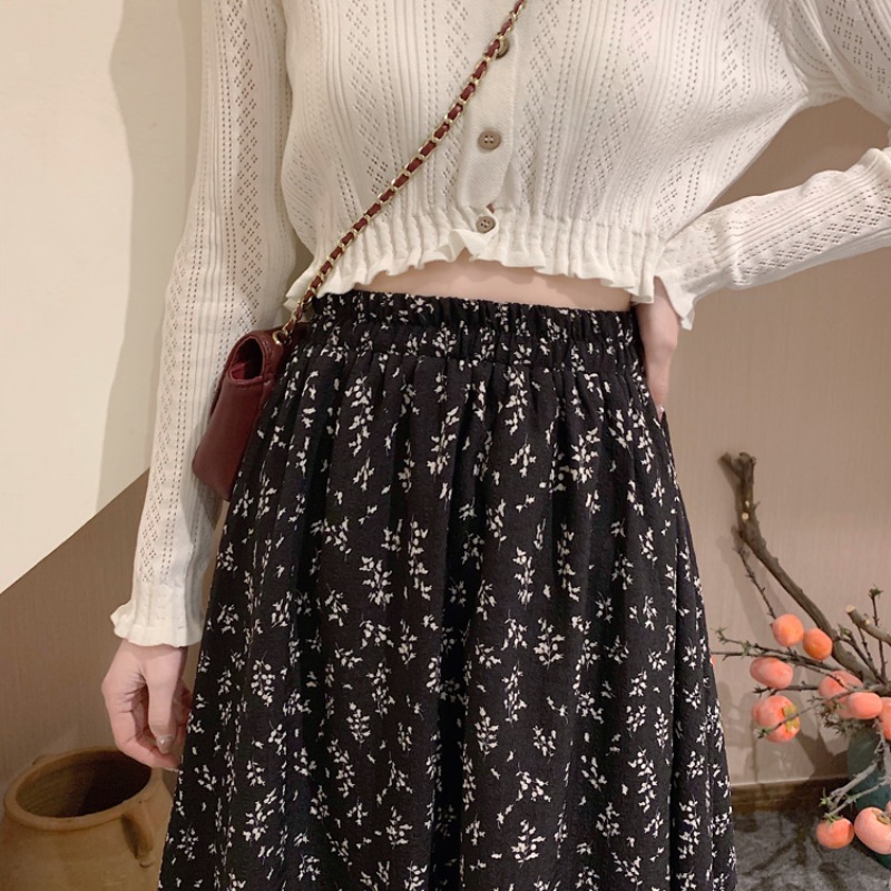 Jupe décontractée printemps-été pour femme, jupe trapèze tendance, jupe en mousseline imprimée florale vintage, jupe midi taille haute élastique