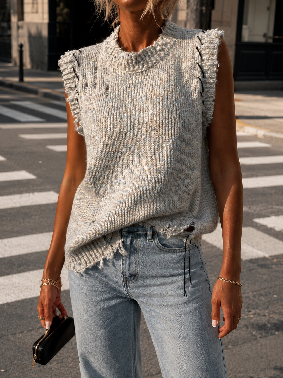 Gilet pull sans manches en tricot pour femme, coupe ample décontractée, à franges, court, style streetwear chic