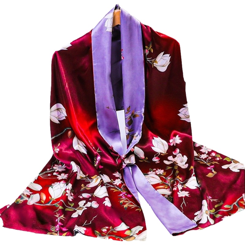 Écharpe en soie double couche de style chinois avec imprimé en relief, cadeau festif, motif floral double face, détails boutonnés, chaleur hivernale