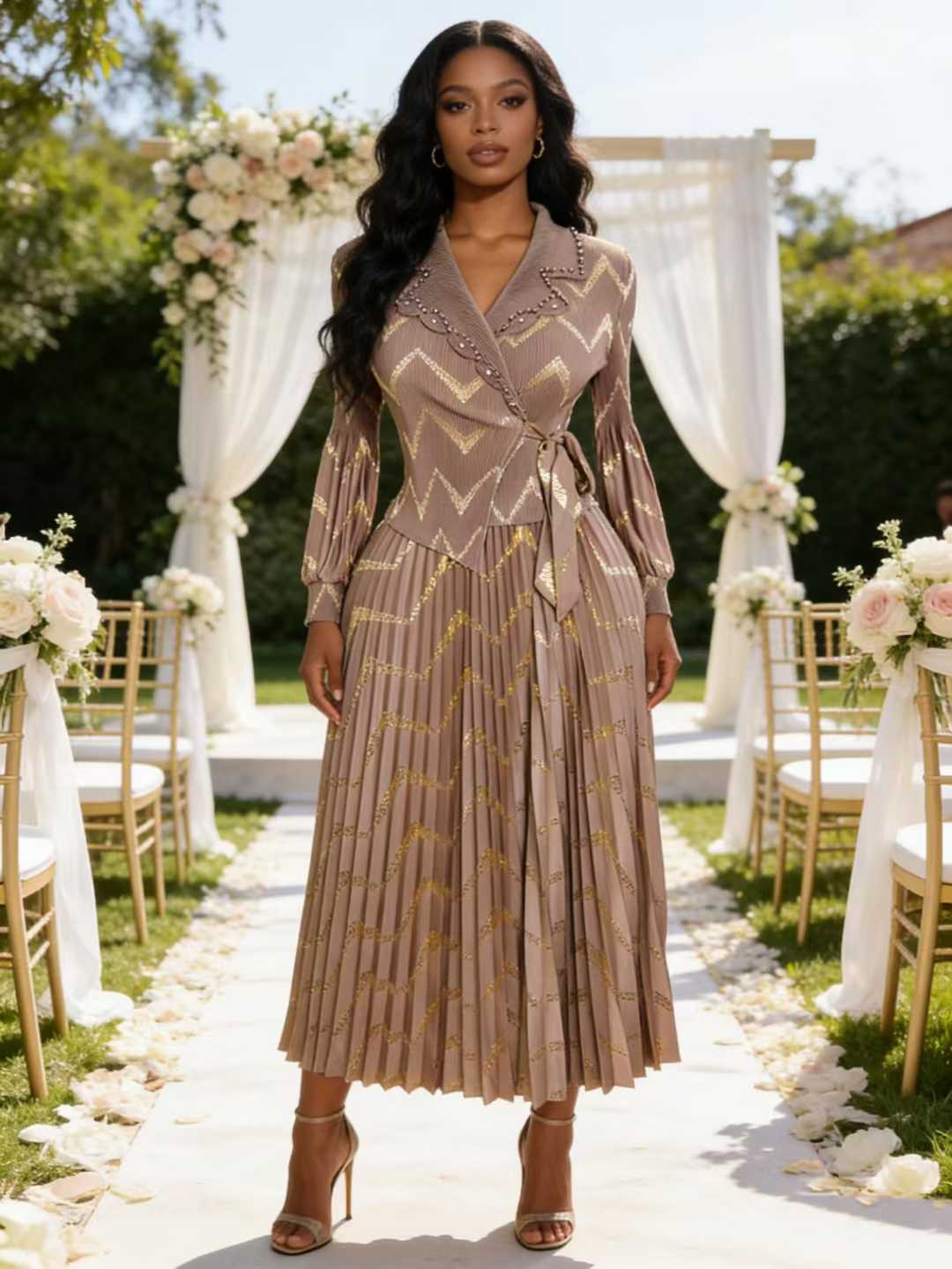 Robe Grande Taille Plissée Longue Miyaki avec Ceinture à Nouer, Style Socialite Élégant et Décontracté Amincissant, Demi-Cardigan Estampillé Or, Tendance Transfrontalière, Vente Chaude
