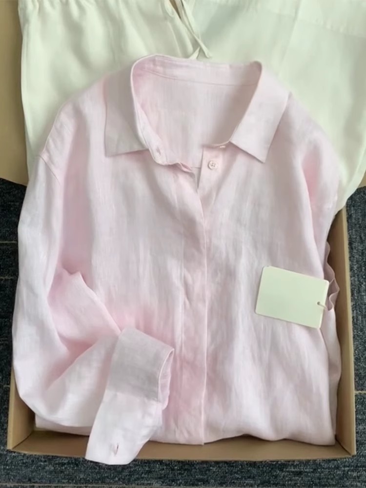Décontracté bureau dames travail couleur unie chemise en lin à manches longues printemps été simple boutonnage coupe ample mode femmes Blouses hauts