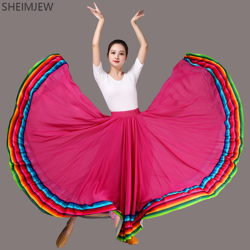 Jupe de spectacle de danse élégante pour femmes jupe en mousseline de soie bord arc-en-ciel taille élastique 720 degrés jupes longues de danse classique 2025