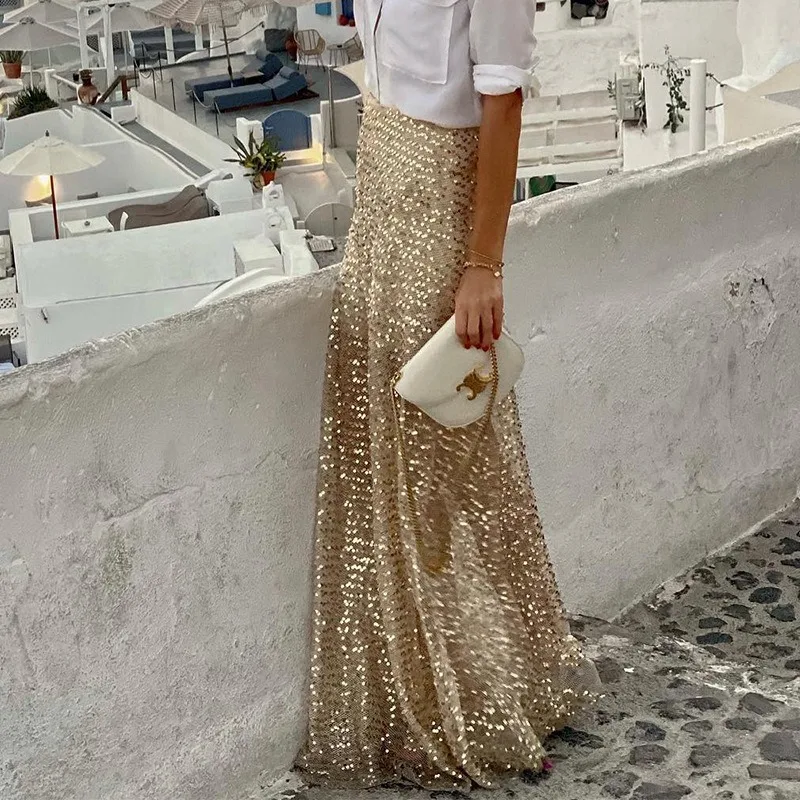Jupes longues à paillettes pour femmes, Sexy, automne, luxe, taille haute, brillante, Maxi, fête, Club, jupes plissées élastiques