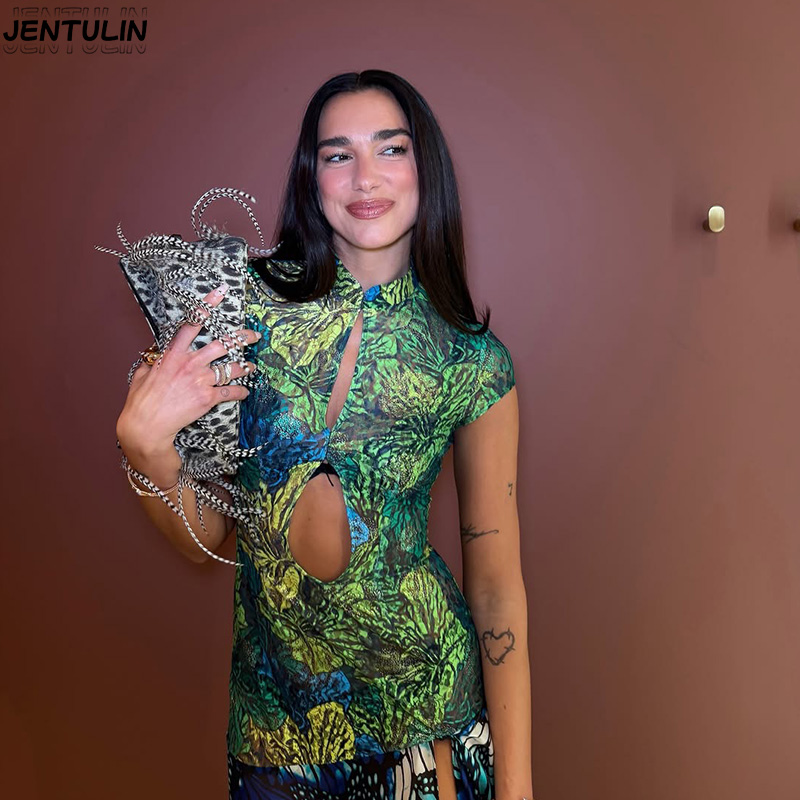 Robe midi imprimée papillon jungle, col mandarin, taille haute évidée, fendue, pour femme, tenue de soirée estivale, style débardeur