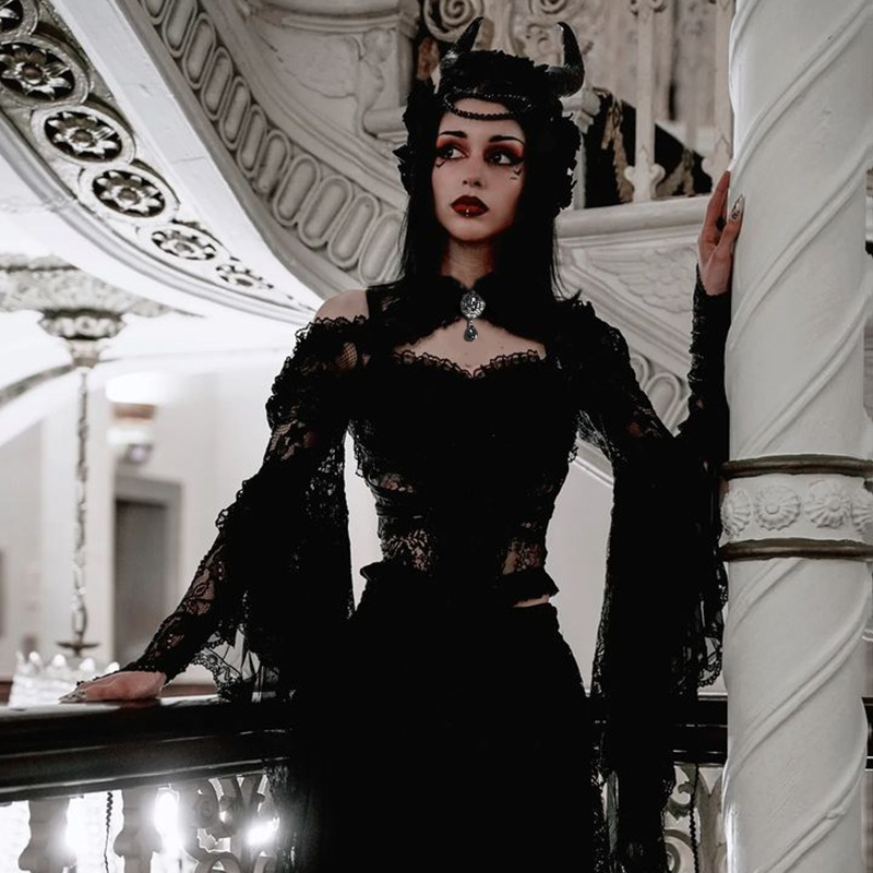 Dentelle Shrugs Sheer Crop Y-Long Bell Sleeves pour femmes, Dark Gothic Wedding, Punk Cold Initiated Costume, Crochet BEmbed o Cover Up Shirt