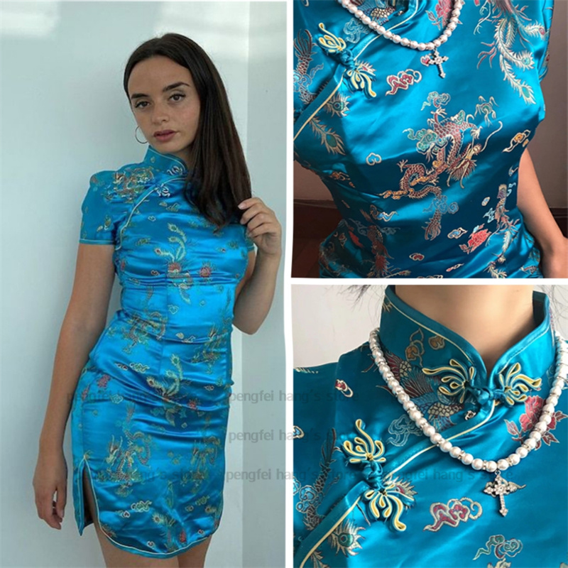 Robe courte en satin pour femme, tenue de soirée, vintage, dragon, phénix, cheongsams, bleu marine, traditionnelle chinoise