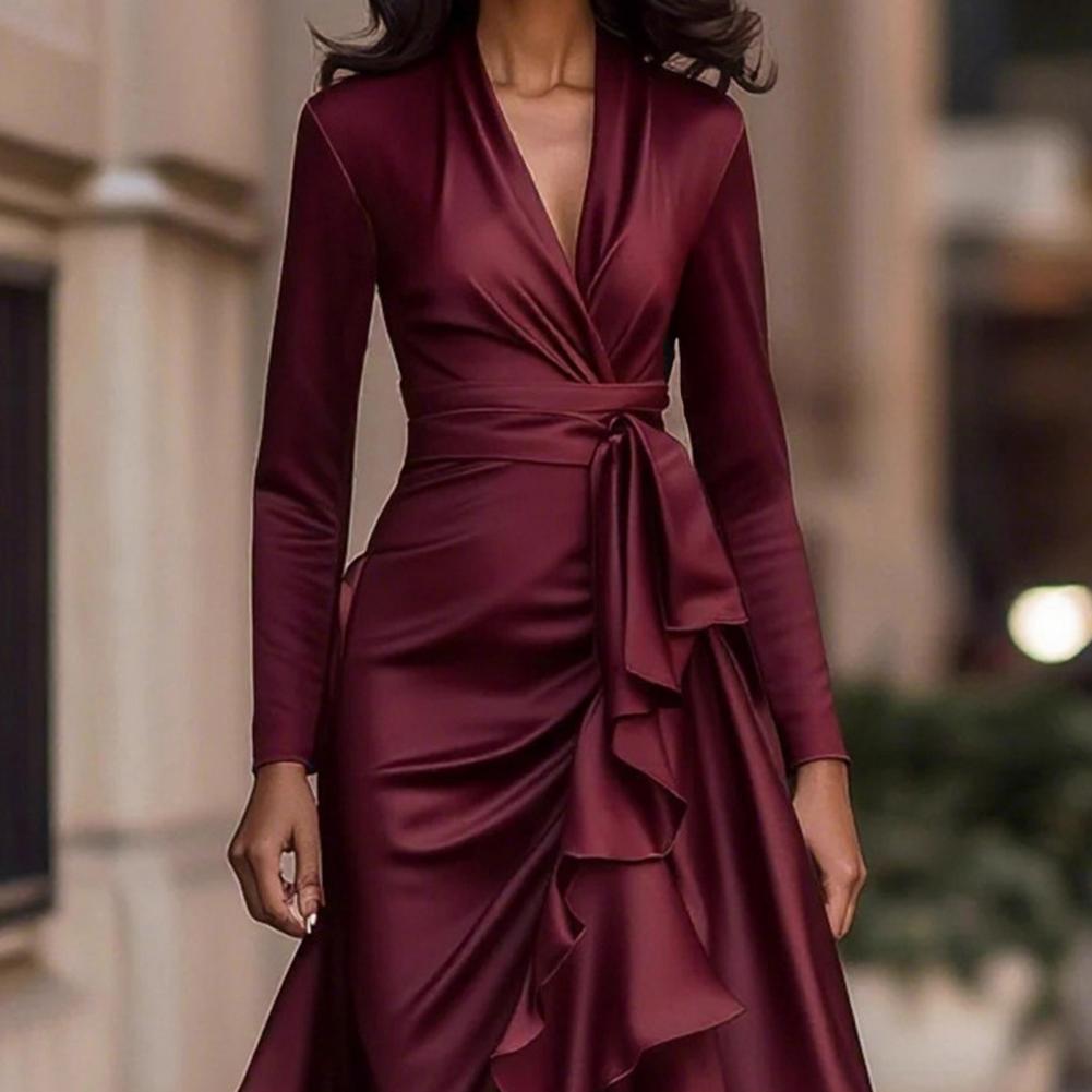 Robe de soirée 2026 pour femme, manches longues, col en V, taille haute, coupe ajustée, volants, couleur unie, élégante, mode, pour fête, printemps-automne, 80%