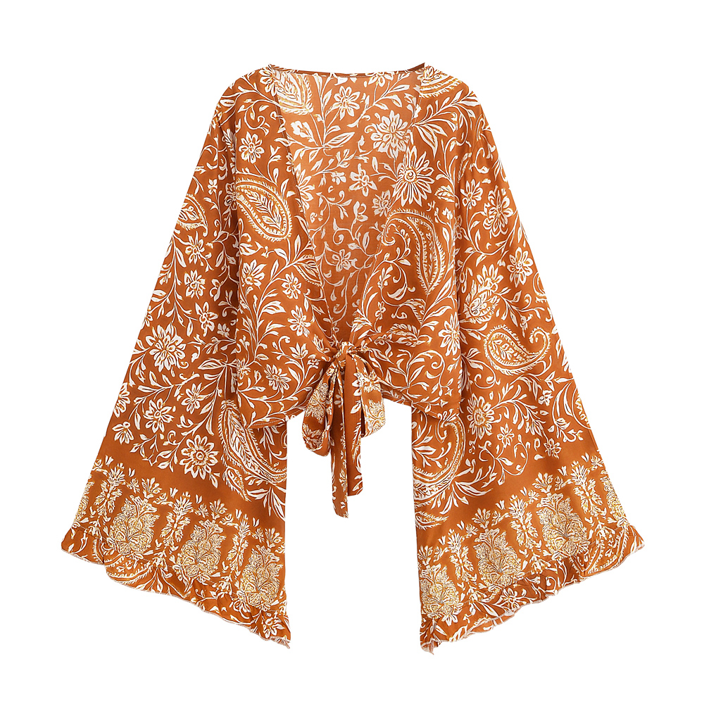 Boho Queens – tenue marron à imprimé Floral pour femmes, Kimono, tenues bohème, pantalon à jambes larges, ensemble 2 pièces en rayonne, style Boho, maillot de bain