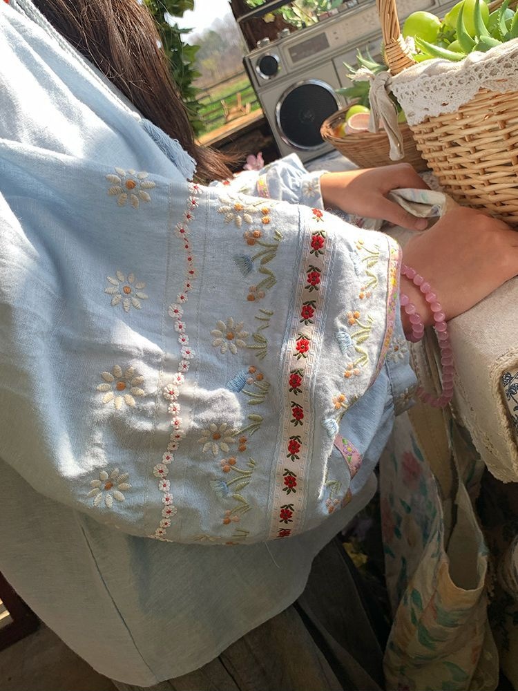 Femmes nouveau printemps broderie florale Blouse Vintage décontracté à manches longues petit haut