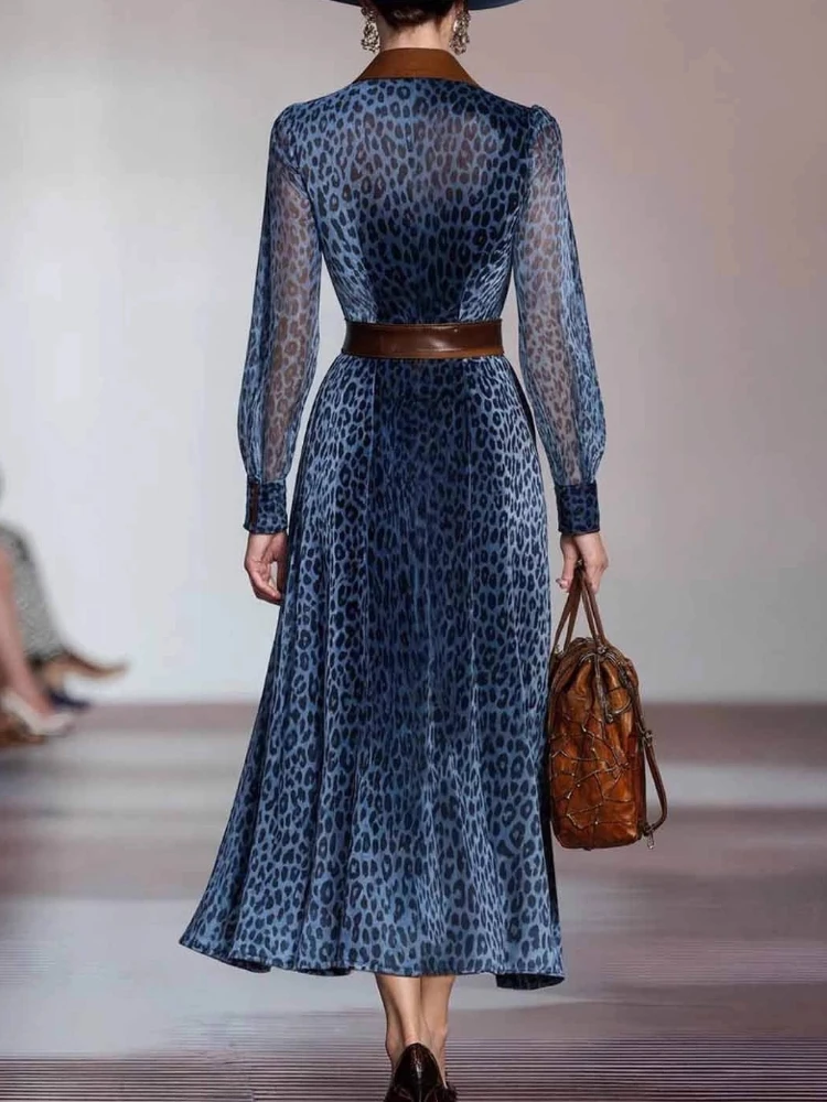 Robe élégante en maille imprimé léopard pour femmes, col à revers, simple boutonnage, Vintage, Chic, manches longues