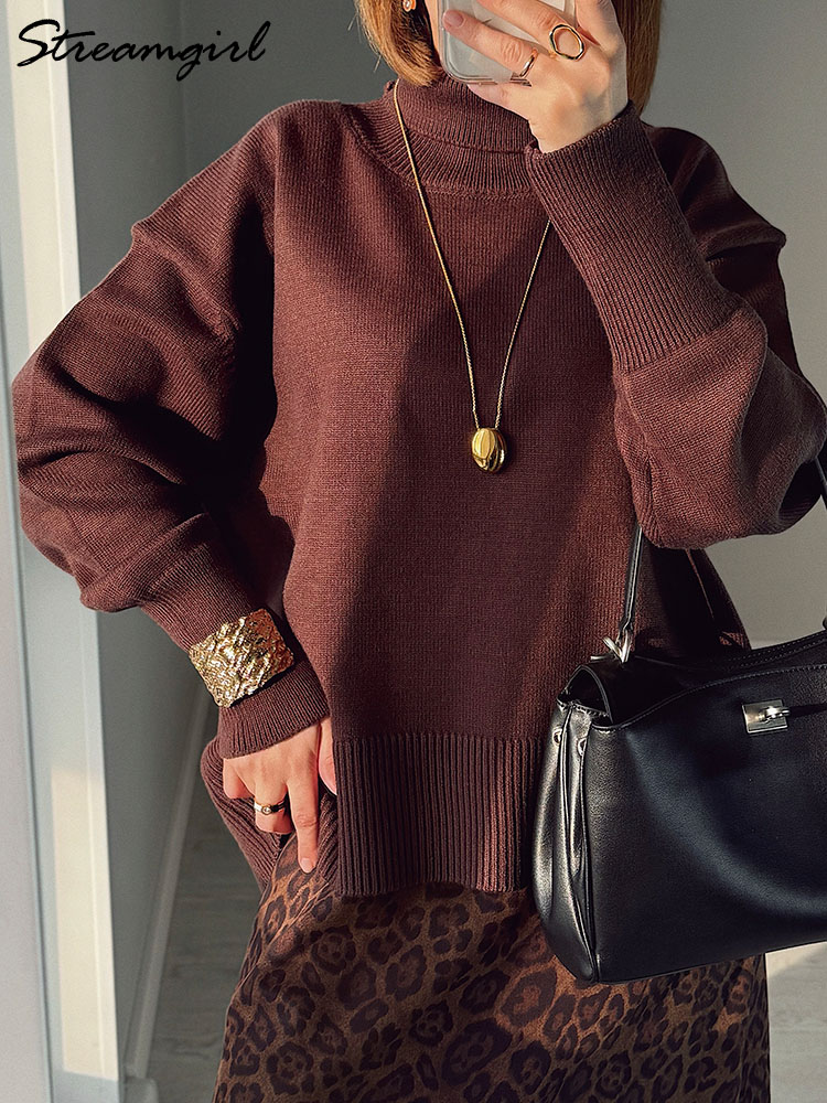 Hiver bordeaux pull femmes col roulé chaud pulls hauts en tricot marron pulls femmes surdimensionné épais basique femmes chandails