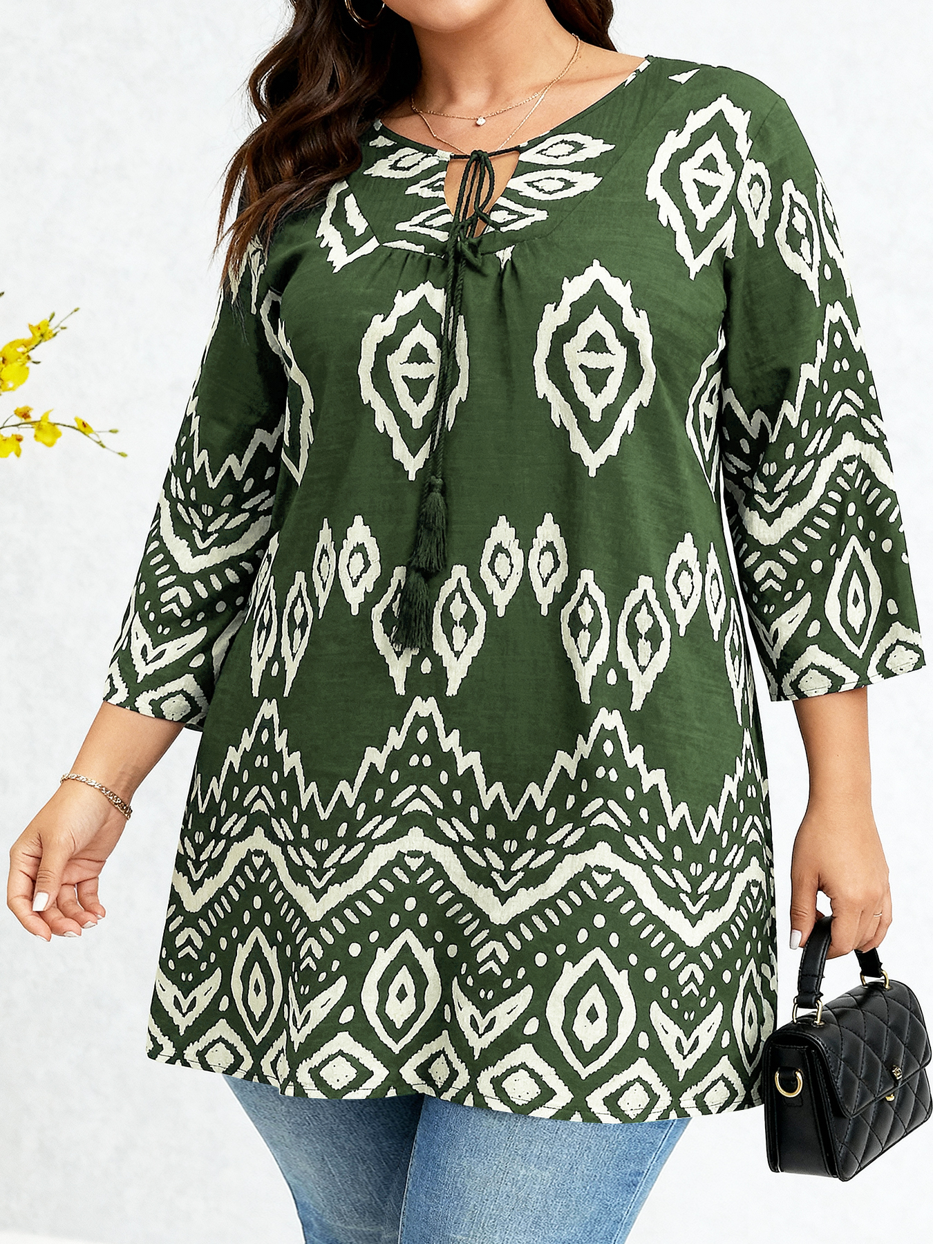 Haut imprimé ethnique géométrique pour femmes, grande taille, Style européen, cordon de serrage, col en v, manches 3/4, chemisier (plusieurs couleurs)