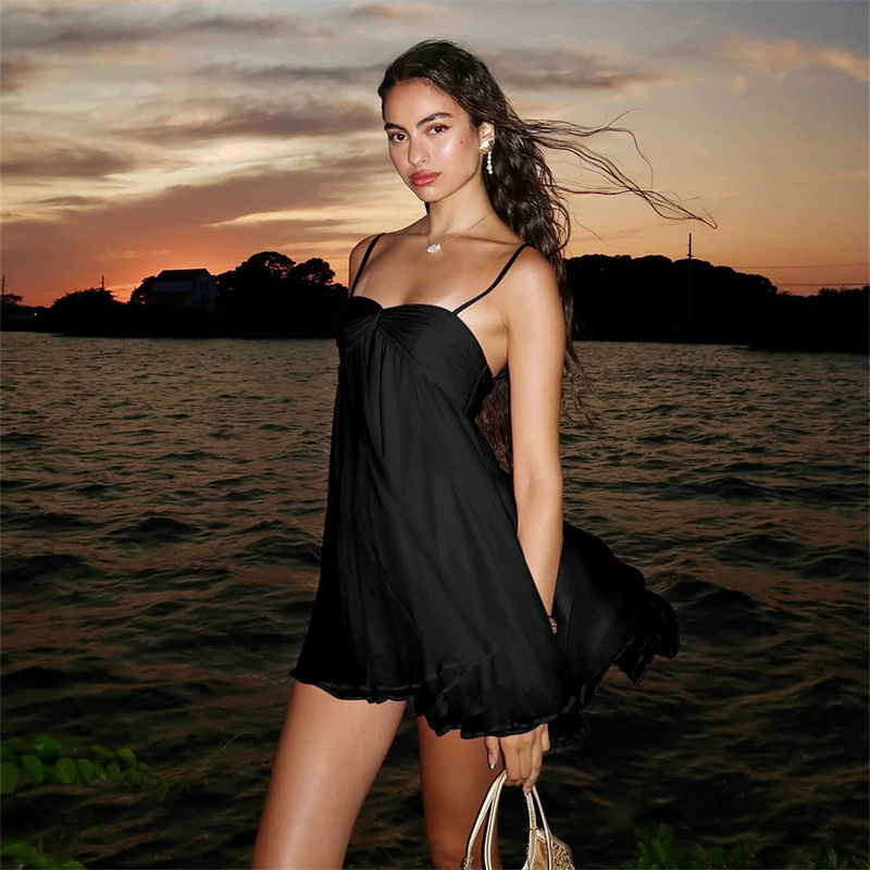 Nouvelles Robes Courtes Amples en Mousseline Élégantes pour Femmes – Robe Décontractée Simple à Bretelles pour l'Été, Idéale pour la Plage et les Vacances (Rose, Noir)