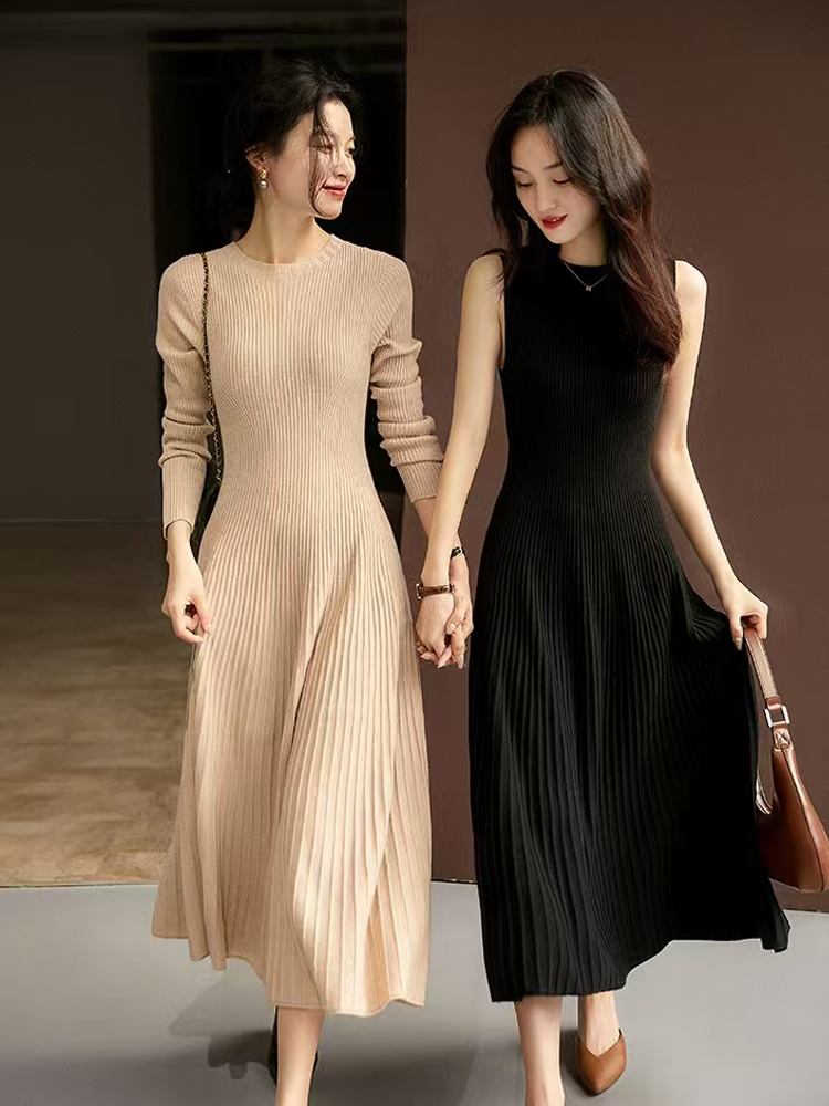 Femmes pull 100% laine mérinos robe a-ligne jupes plissées printemps automne pull cachemire mince robe évasée col rond tricots