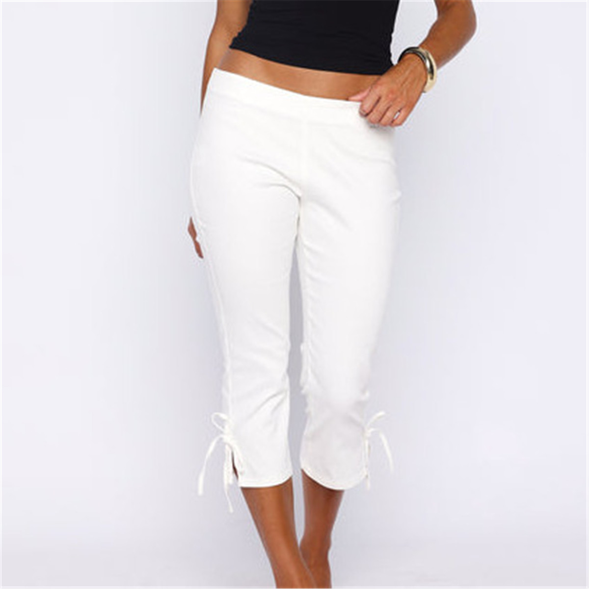Pantalon court élégant pour femme, bleu foncé, coupe ajustée, avec liens latéraux, taille mi-haute, décontracté et extensible