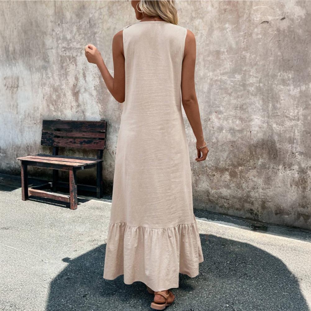 Robe longue en coton et lin pour femmes, à volants, décontractée, sans manches, col en v, tunique, débardeur, plage, balançoire, été